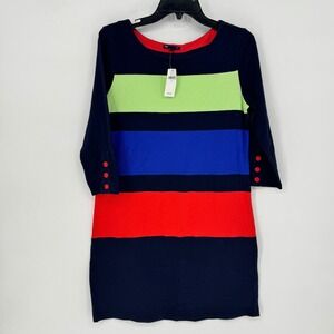 Gap Womens Striped Cotton Knit Shift Dress Navy Blue Green Red 3/4 Sleeve M NEW